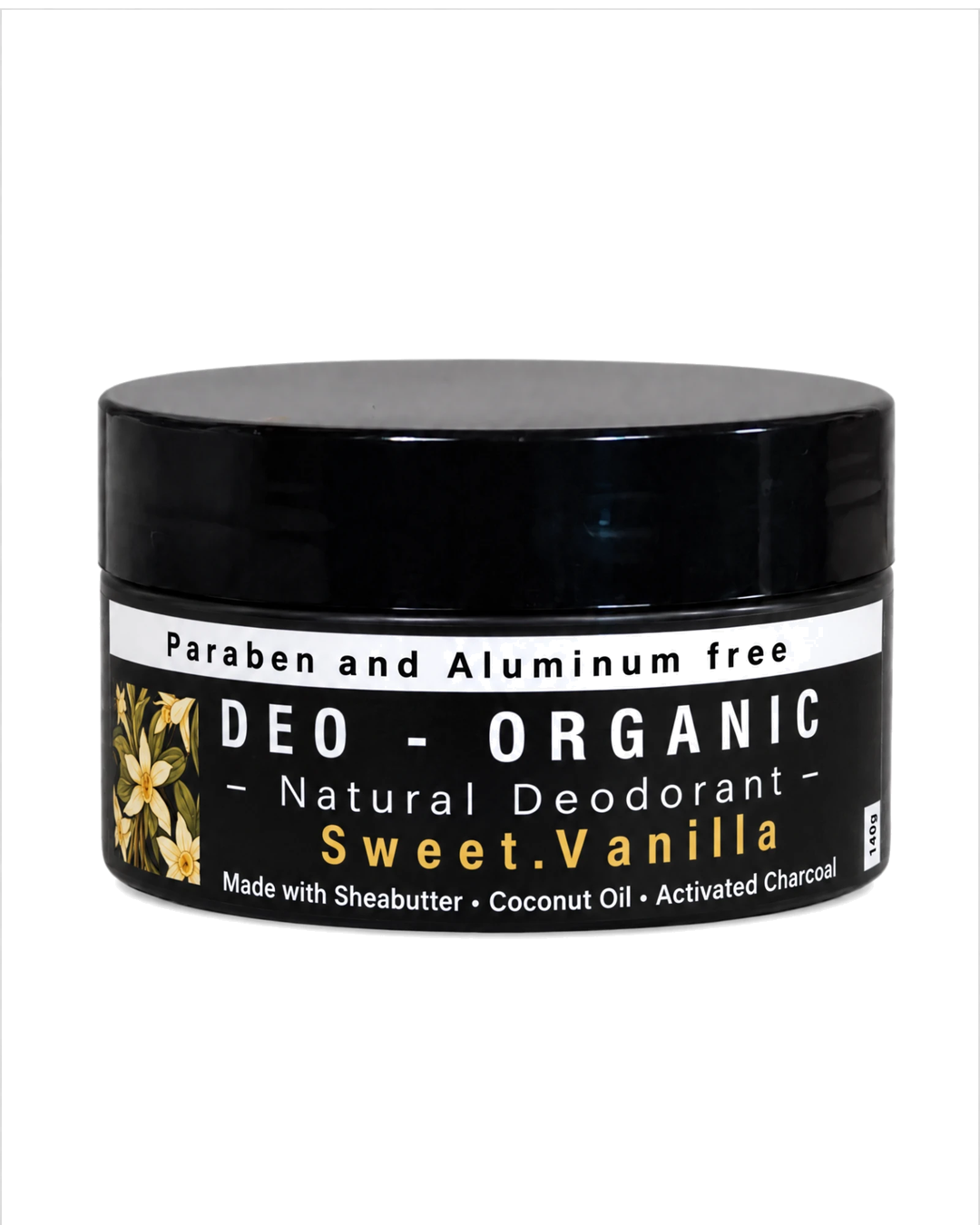 Charcoal sweet vanilla deodorant in a 140g jar